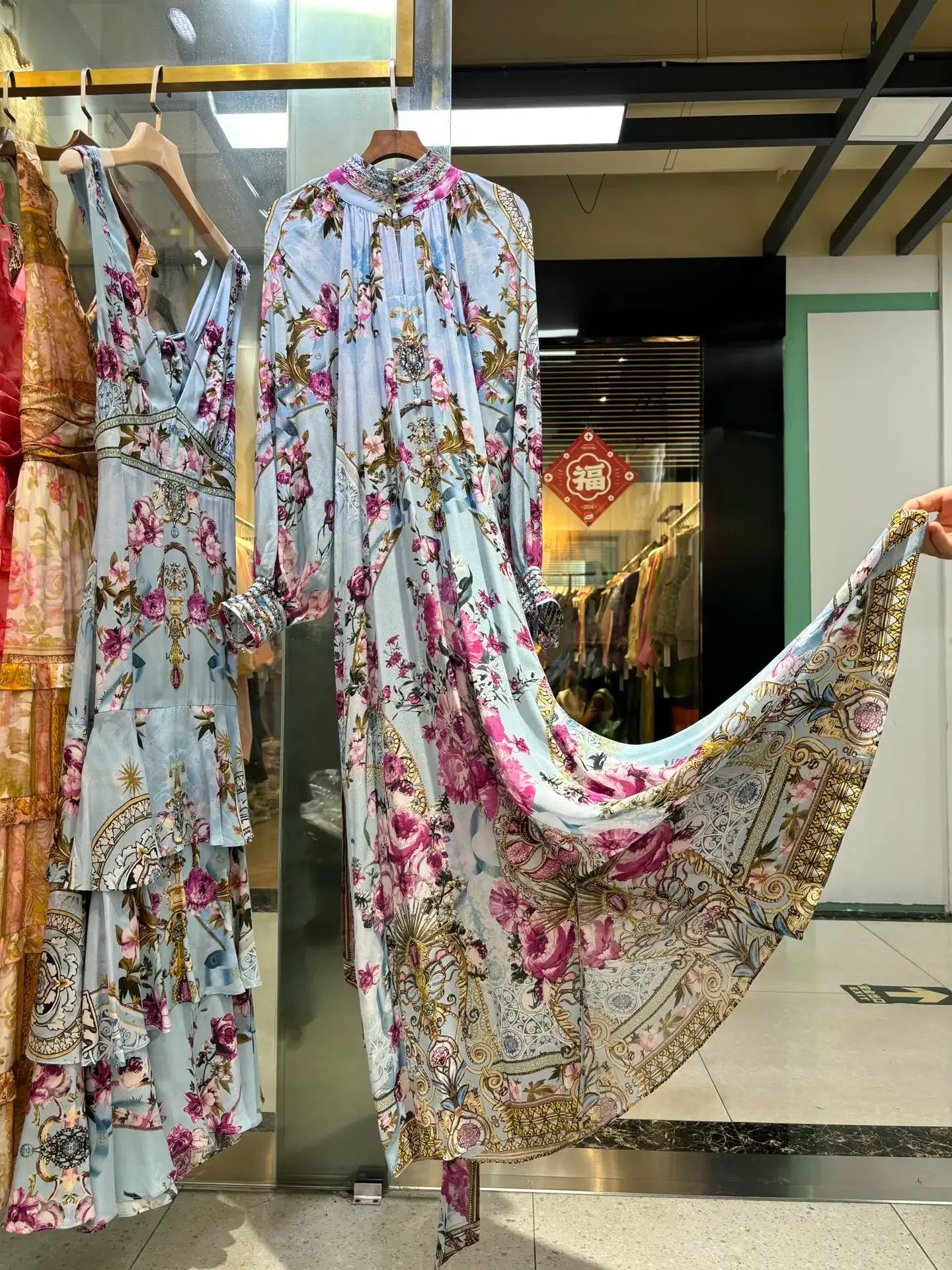 Amay Robe for Women New Spring Summer 100% Silk Hollow Out Flower Printed Stand Collar Waist Lace-up Casual Long Dress