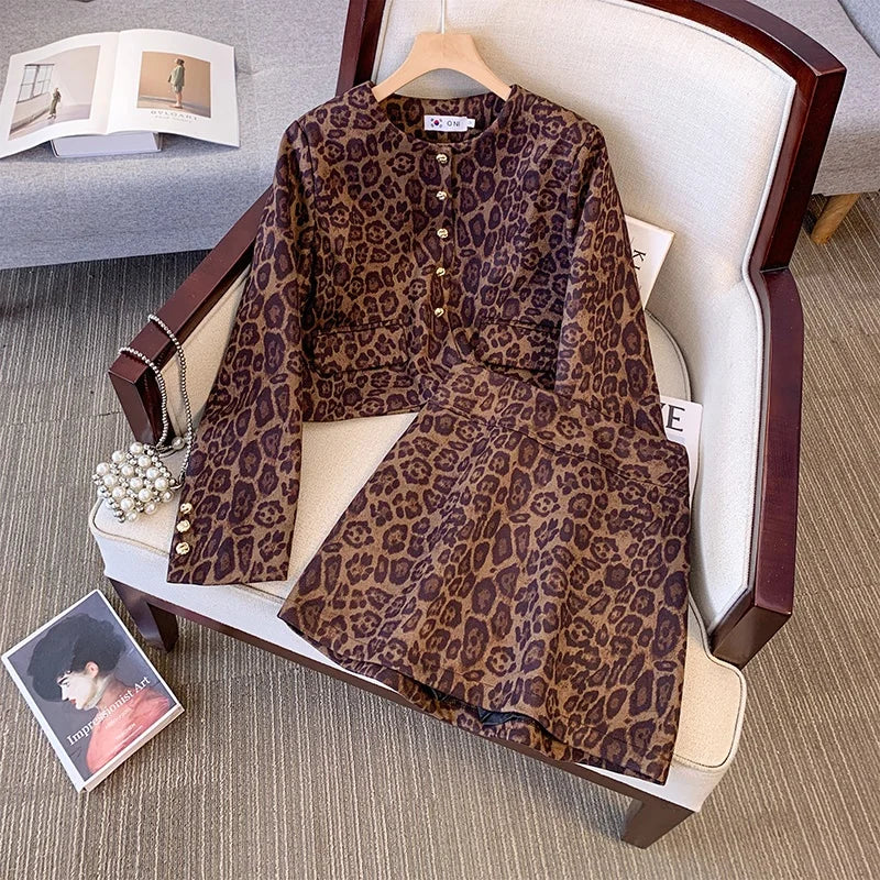 Maxy Fashion Korea Elegant Leopard Small Fragrance Short Jacket Cropped Coats + High Waist Mini Skirts Suits Slim Women Two Piece Set