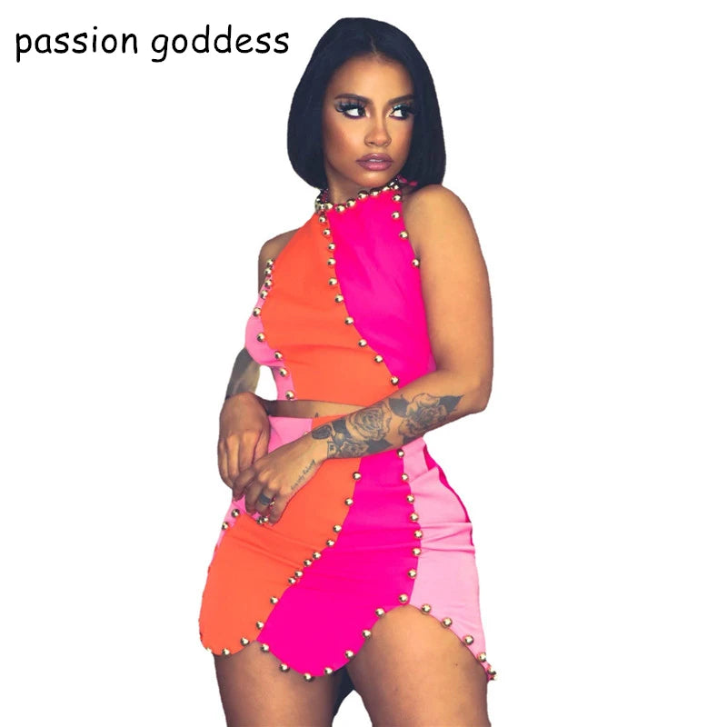 Maxy Summer Two Piece Dress Set for Women Sexy Rivet Sleeveless Tank Top and Bodycon Ruffles Edge Mini Skirts Outfits Streetwear Suit