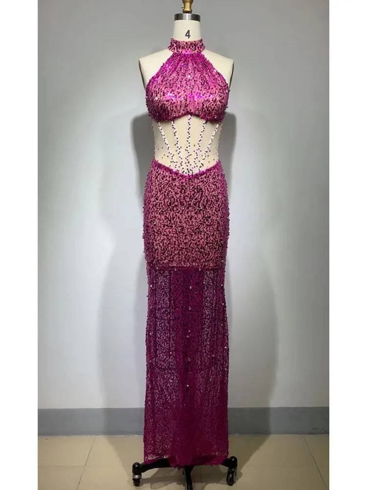 Maxy Rose Luxury Prom Gowns Halter Sequins Beading Diamonds Glitter Sparky Long Evening Party Formal Celebrity Dress