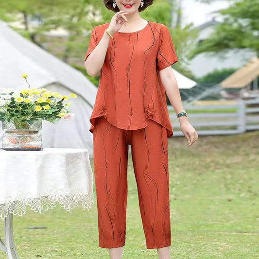 Maxy Summer Women's Trousers Suit Pastoral Fashion Loose Short Sleeve Two Piece Suit Striped Cotton Linen Wild T-shirt Pant Sets