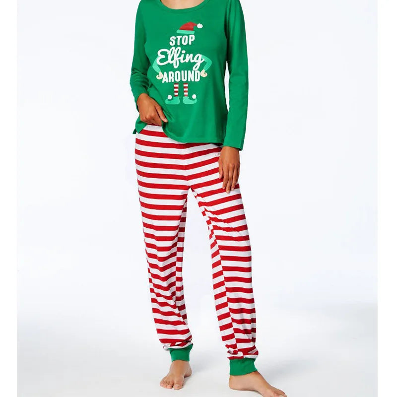 New Christmas printing family long-sleeved pajamas set home dress Christmas green family pajamas a family of three and four