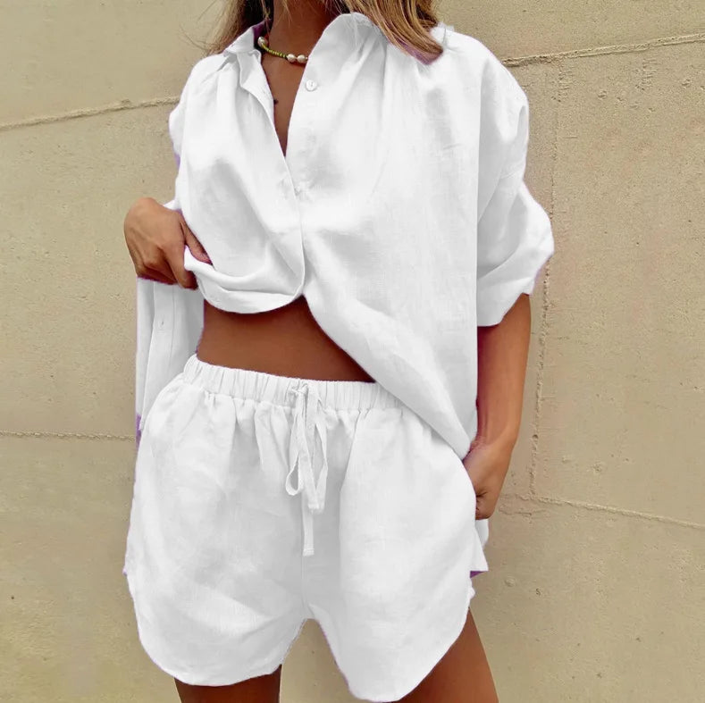 Maxy European and American Summer New Women's Solid Color Single breasted Short sleeved Shirt Two piece Set of Wide Leg Pants