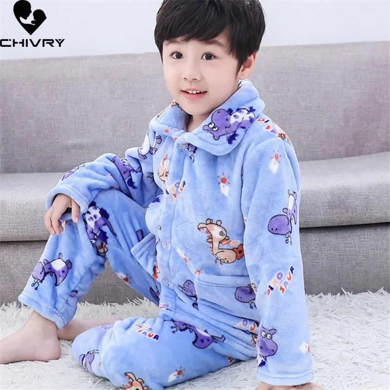 New Kids Max Pajama Sets Boys Girls Autumn Winter Thicken Warm Home Wear Cartoon Lapel Long Sleeve Sleeping Clothing Sets