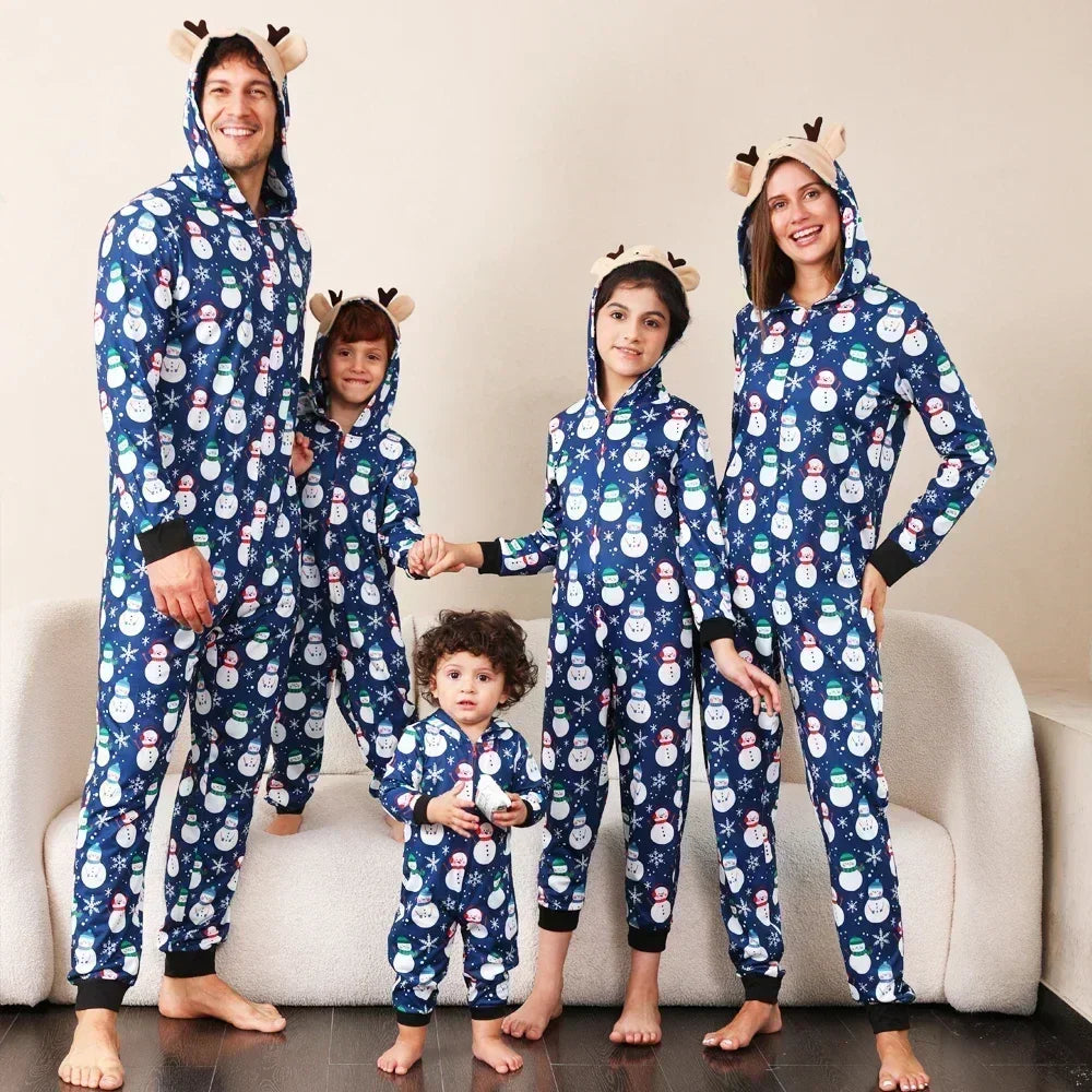 Christmas Outfits for Family Adults Kids Matching Pajamas Snowman Print Deer Ear Hooded One-Piece Jumpsuit Warm Soft Xmas Romper