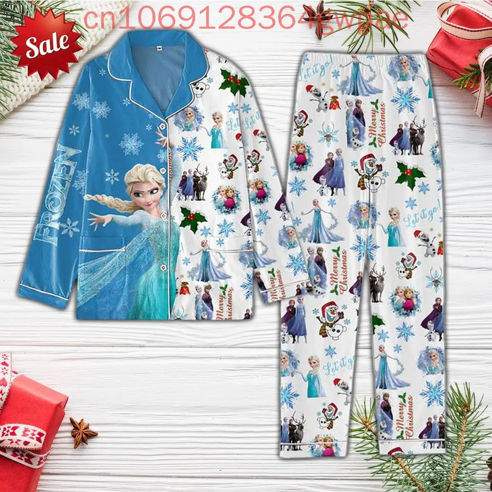 Maxy Disney Frozen Elsa Christmas Max Pajamas Set New Fashionable and Casual Men's and Women's Long-Sleeved Shirts and Pajamas Set