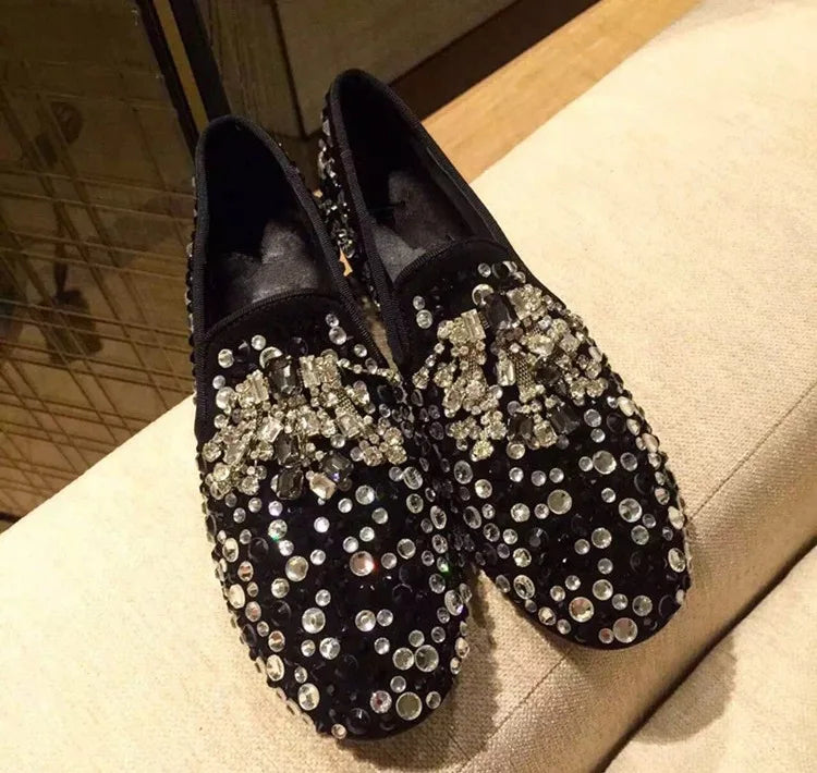 Visco Spring Gold Black Handmade Rhinestone Men Shoes Crystal Loafers Male Luxury Party Wedding Shoes Slip on Men's Flat shoes