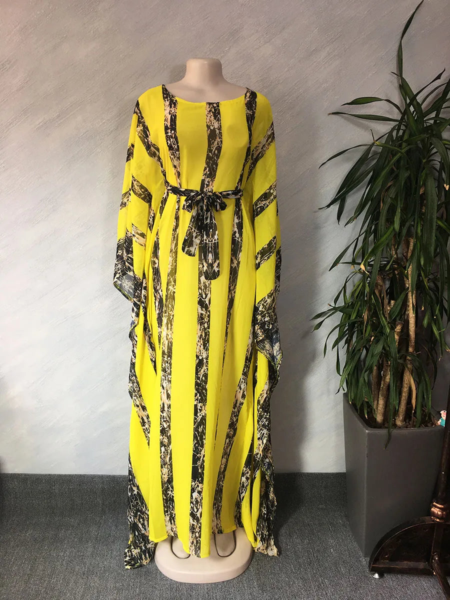 Maxy Abaya For Women Muslim Chiffon Printed   Bat-Sleeve Stripe Long Dresses With Belt Summer Gorgeous Dashiki  Dress