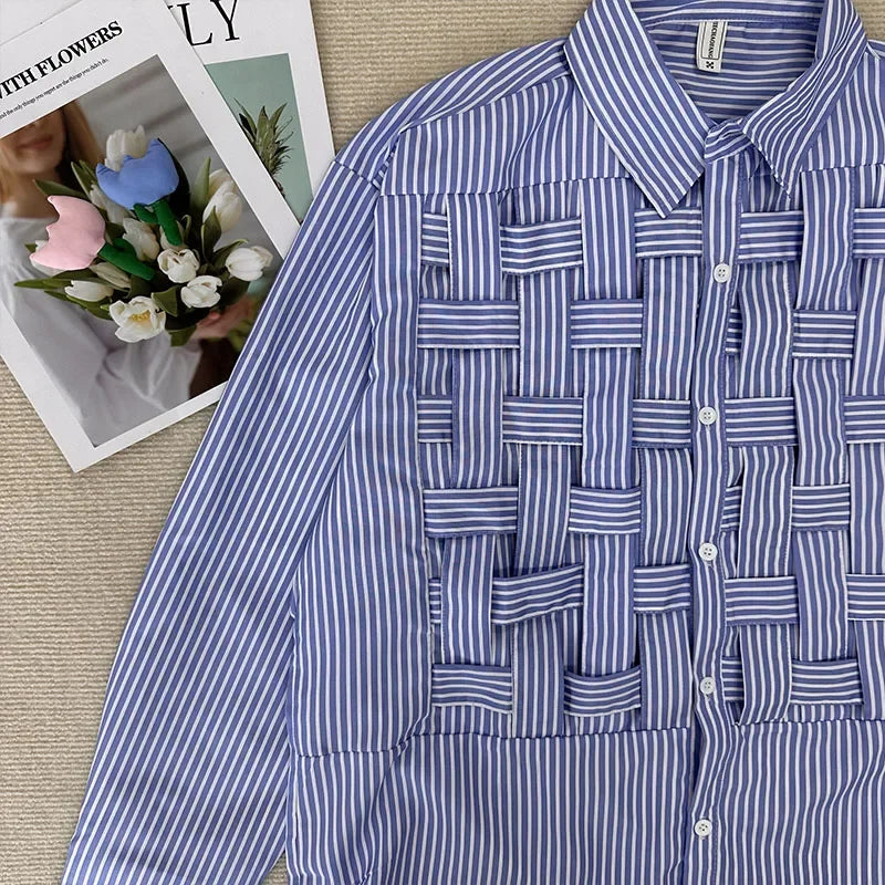 Maxy Women Plus Size Shirt Long Sleeve Blue Hollow Out Polo Collar Blouse Loose Fashion Patchwork Female Shirts Chic Top New