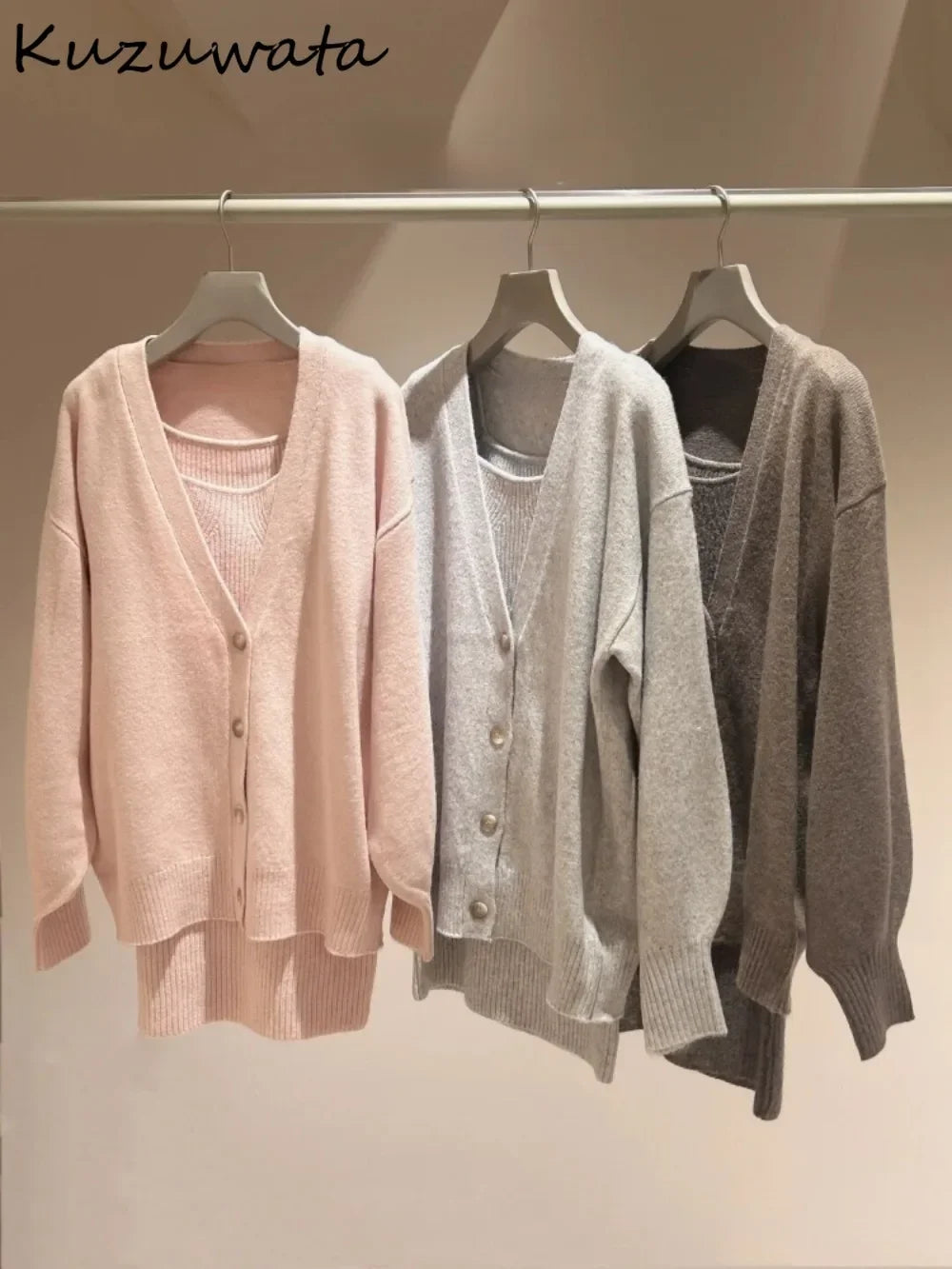 Maxy New Slim Fit Knit Elegant Sets Dress+v Neck Single Breasted Lantern Sleeve Cardigan Japan Spring Casual Suits Robe