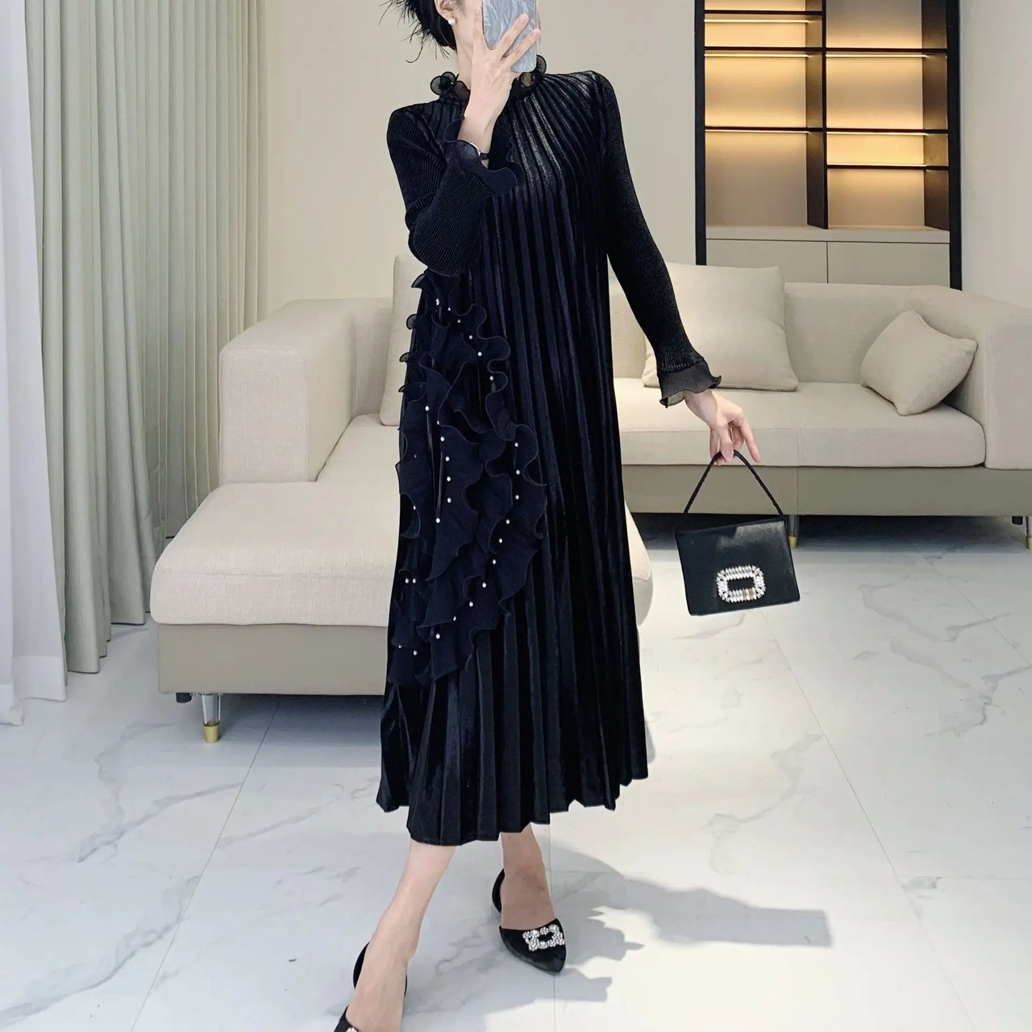 Maxy Light Luxury Velvet Dress Banquet High-end Loose Heavy Industry Beads To Cover The Meat and Show Thinness Ong Dress