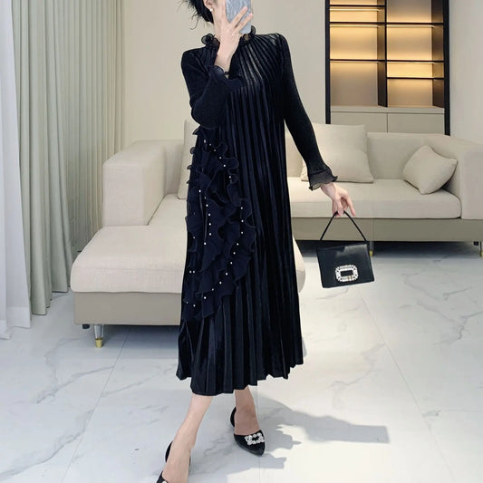 Maxy Light Luxury Velvet Dress Banquet High-end Loose Heavy Industry Beads To Cover The Meat and Show Thinness Ong Dress