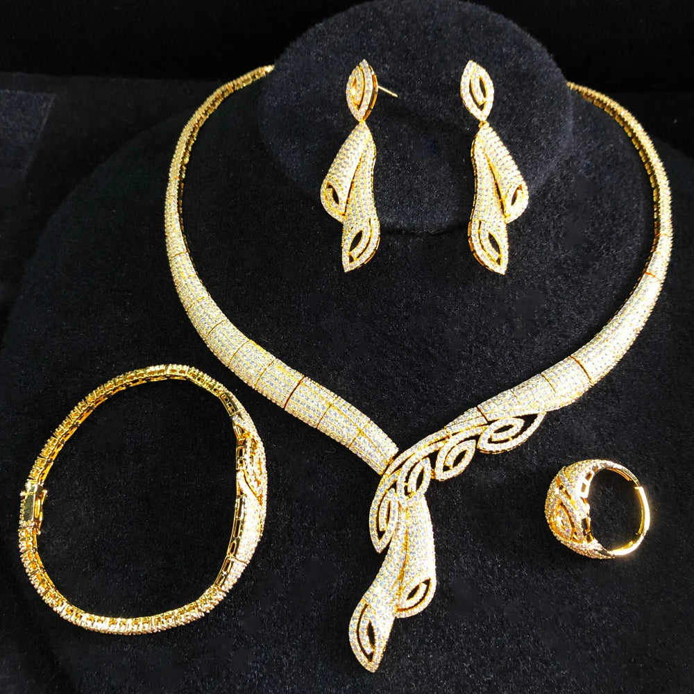 Maxy Leaf Charms 4Pcs Luxury Nigerian Jewelry Set For Women Wedding Cubic Zircon Bridal Necklace Earring Bangle Ring Set