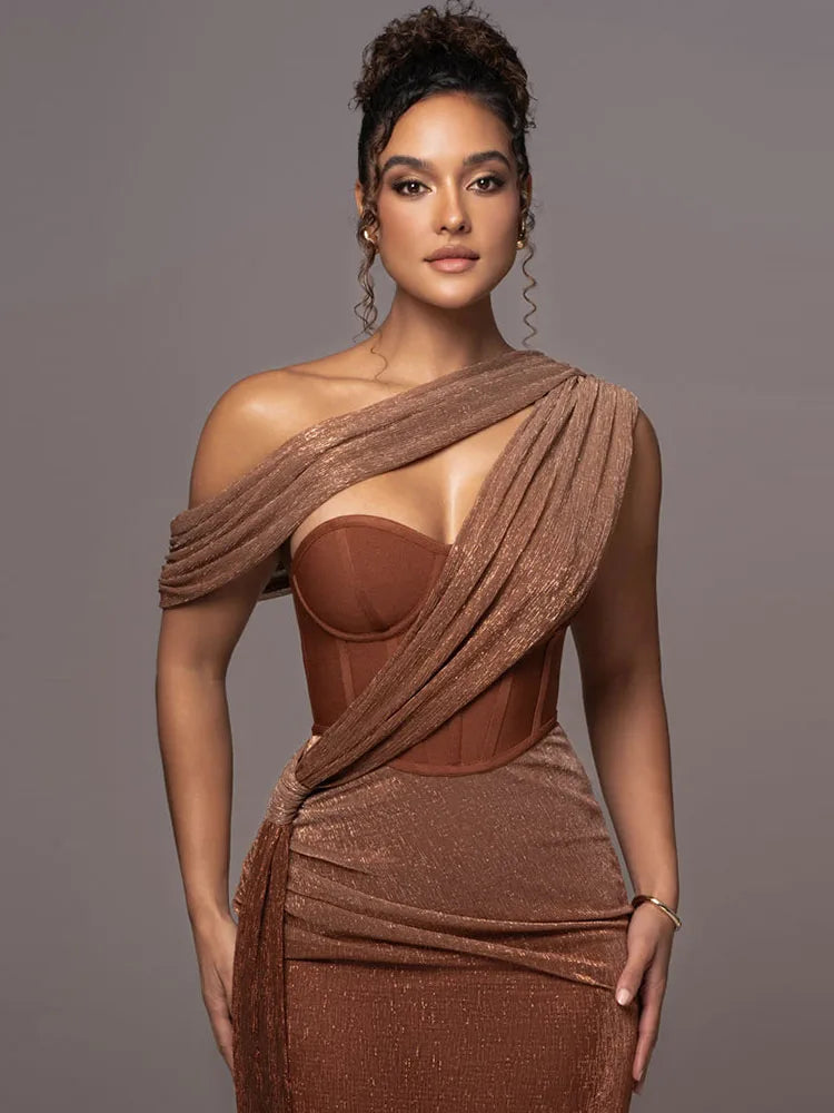 Maxy Sexy One Shoulder Draped Glitter Long Dress Women Brown Corset Sparkly Backless Bodycon Maxy Dresses Evening Party Gowns