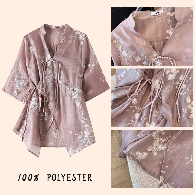 Maxy Plus size Women's dress Summer Casual Chiffon shirt Loose and comfortable Chinese style cardigan top Light and breathable
