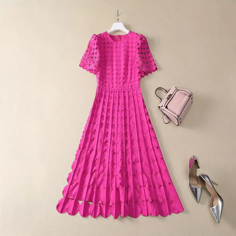 Maxy High Quality Brand New Spring Dress Women Hollow Out Dot Patterns Short Sleeve Mid-Calf Length Black Coffee Pink Dress XXL