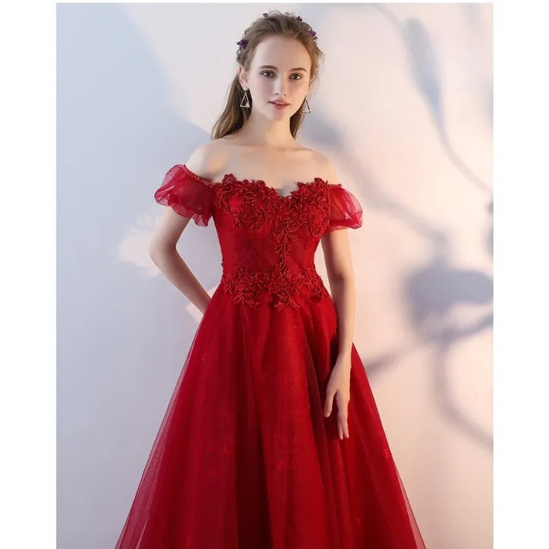 Maxy New Women's Autumn Embroidered Mesh High Waist Evening Dress Fashionable Look Thin Cover Belly Red Wedding Long Dress