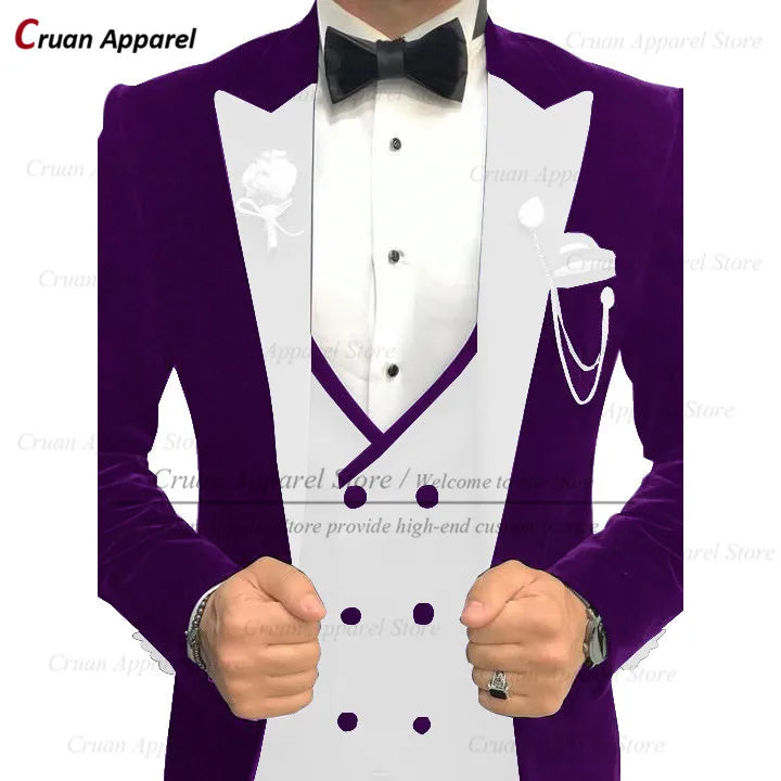 Maxy Luxury Velvet Men Suits Set Slim Fit Trendy Prom Wedding Groom Jacket with Double Breasted Vest Pants 3 Piece