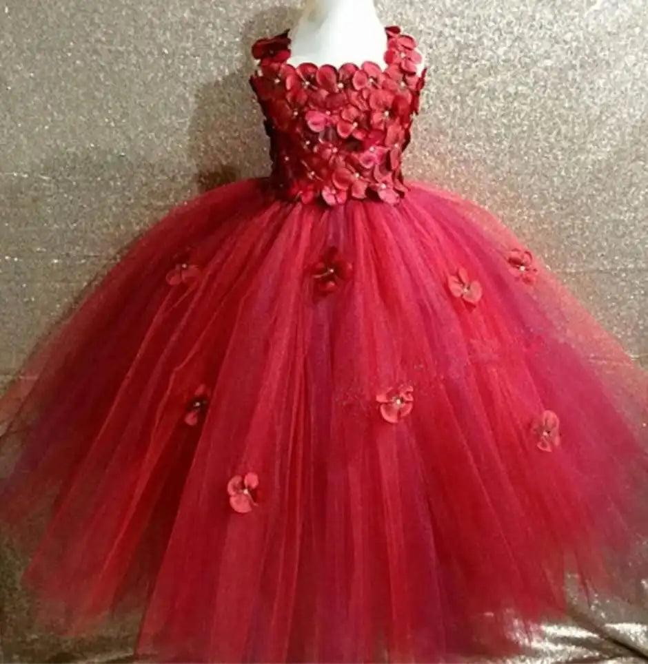 Maxy Girls black Flower Petals Tutu Dress Kids Crochet Tulle Dress Ball Gown Children Birthday Wedding Party Costume Evening Dress