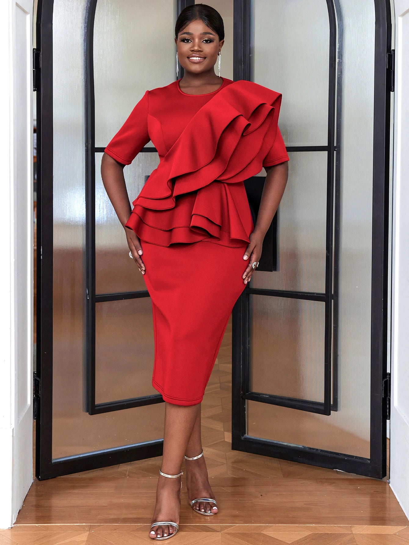 Plus Size 4XL Elegant Peplum Dress For Women O Neck Ruffle Sheath Stylish Birthday African Church Celebrate Evening Event Gown