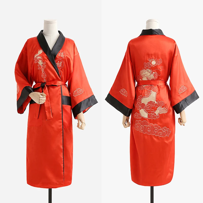 Maxy Novelty Reversible Black Red Women Kimono Yukata Satin Embroidery Dragon Nightgown One Size Robe Gown Two Side Sleepwear