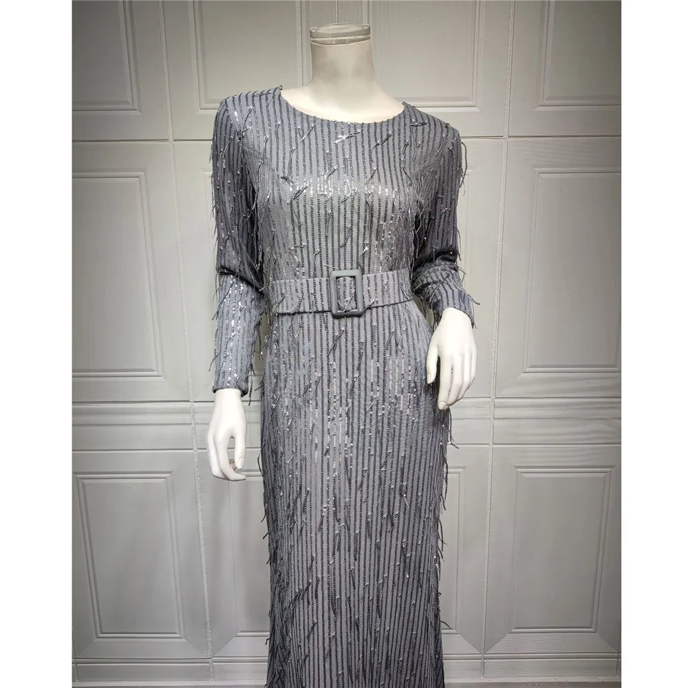 Maxy Modest Muslim Women Abaya Sequins Beads Bodycon Long Dress Turkey Arab Kaftan Islam Evening Party Gown