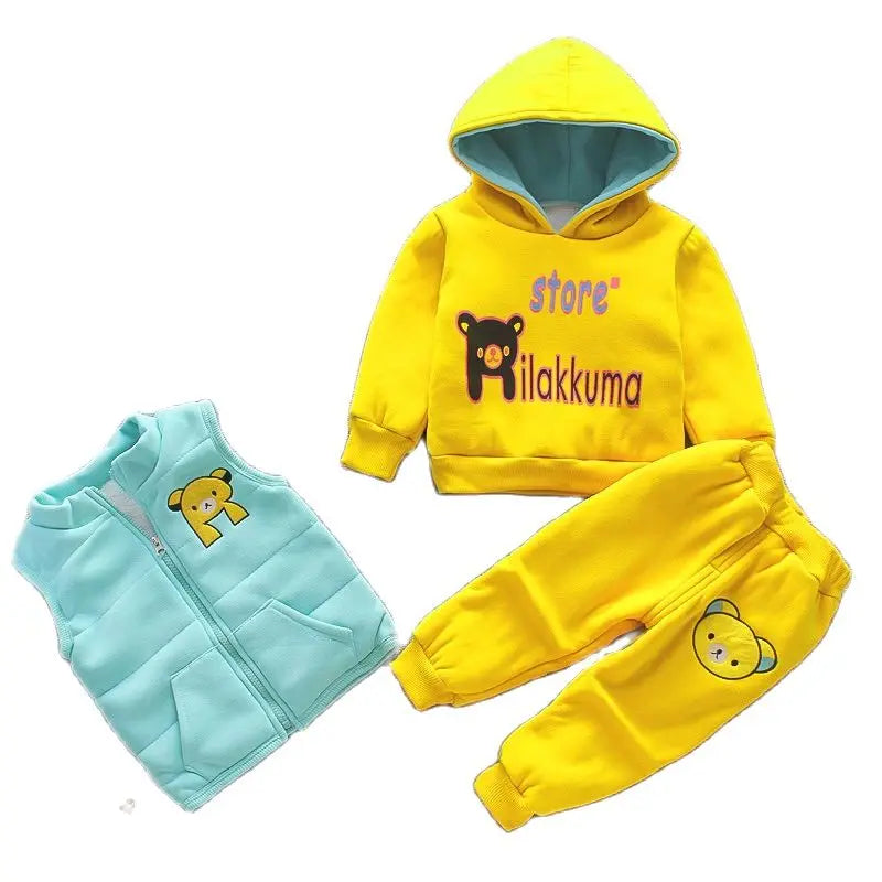 Maxy 2024 New Baby Boys Girls Christmas Cartoon Winter Hooded Plush Warm Vest Coat+Sweatshirt+Pants 3Pcs Infant Children Sports Suit