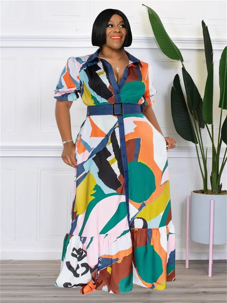 Wmstar Plus Size Dresses for Women Summer Clothes Button Short Sleeve Print Patchwork Elegant Maxi Dress Wholesale Dropshipping