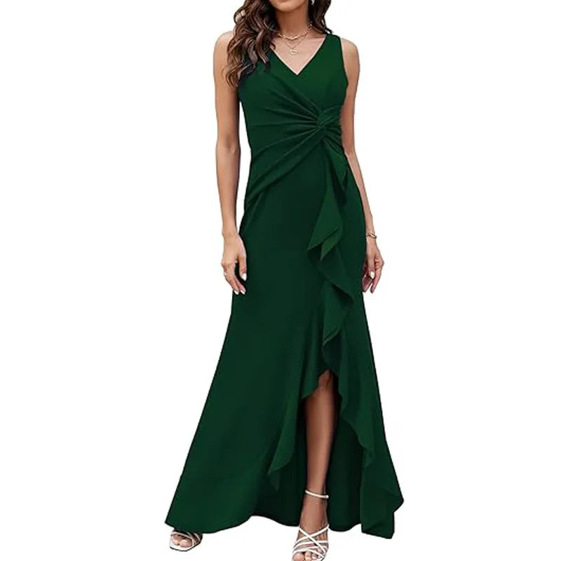Maxy Elegant V-Neck Party Maxy Dress Women Fashion Sleeveless Ruffle Split Gown Prom Dress Ladies Slim Fit Tie Up Bodycon Gala Dress
