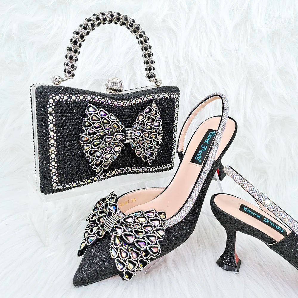 Maxy Doer show Italian green Shoes and Bag Sets for Evening Party With Stones Italian Leather Handbags Match Bags! HFG1-13