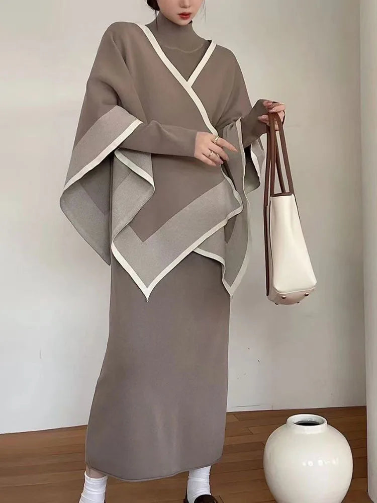 Maxy [EWQ] Korean O Neck Long Sleeve Dress Contrast Color Patchwork Knit Cape Women's Clothes Two Pieces Set Autumn Winter U6422