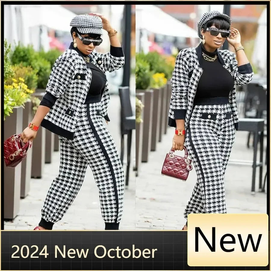 Amay Autumn and winter ladies streetwear casual suit houndstooth button coat trousers two piece pants set women clothing