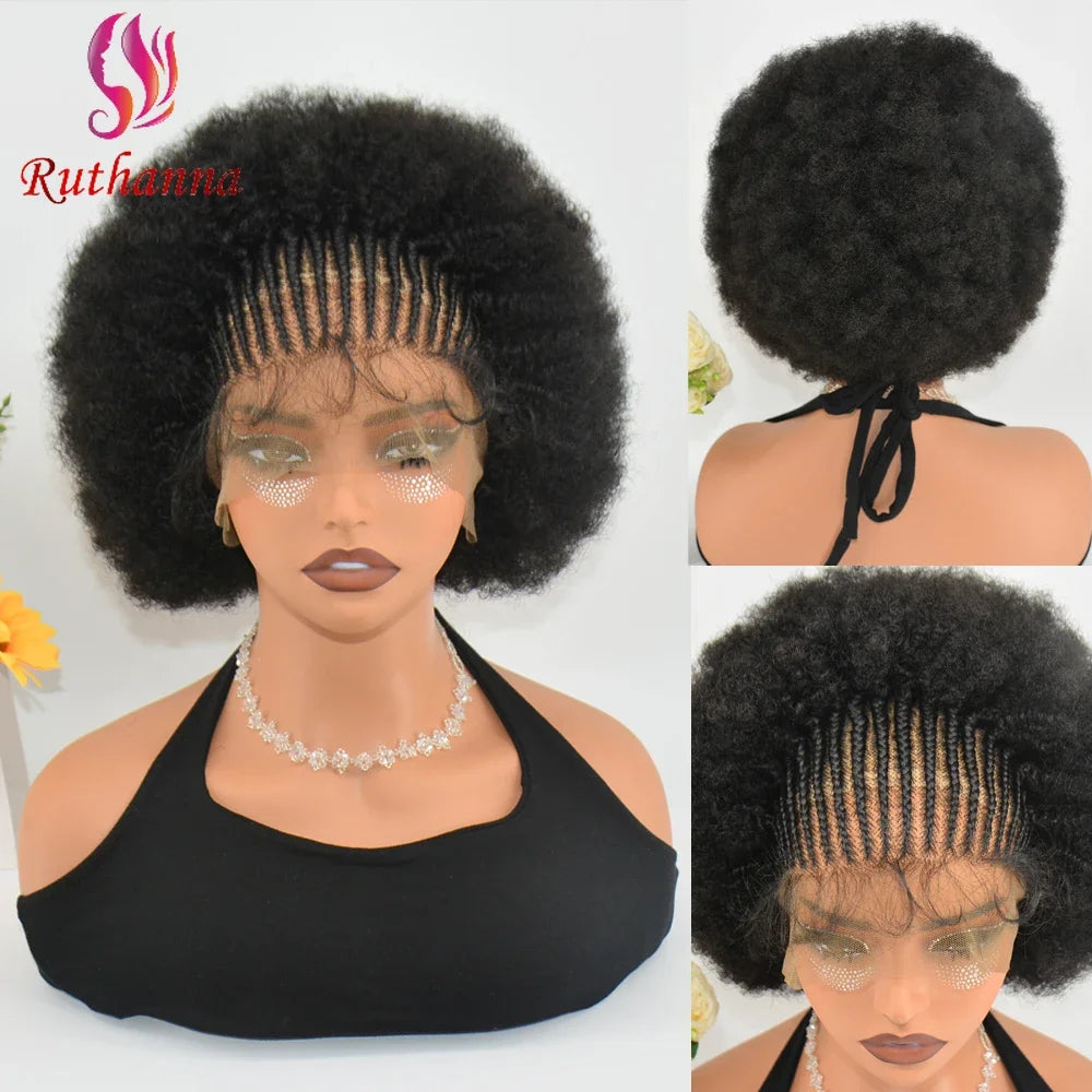 Maxy 250% Density 13x6 Lace Frontal Braided Wig Afro Kinky Curly Synthetic Wig Baby Hair Fluffy Curled Striped Braided Curly wig