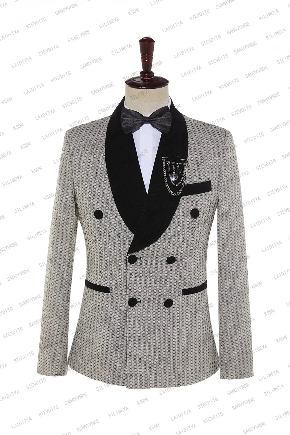 Maxy Fashion New Men's Business Double Breasted Suit Khaki Black Velvet Lapel Polka Dots Slim Fit Wedding 2 Pcs Set Jacket Pants