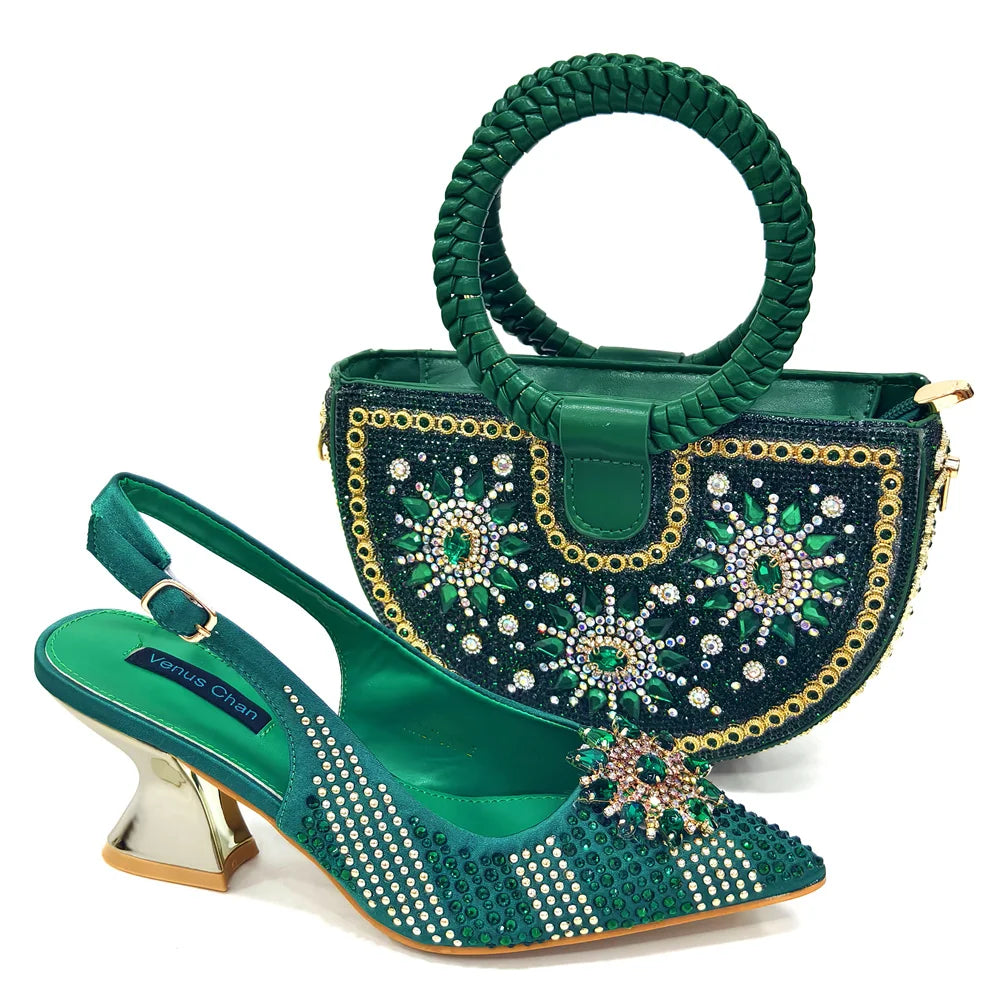Visco Italian Design Fashion Luxury Women's Shoes and Purse Full Diamond Decoration Big Capacity Hand Bag