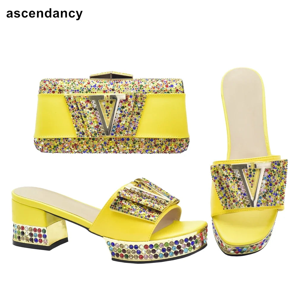 Maxy Ladies Shoes and Bags To Match Set Decorated with Rhinestone Shoes and Matching Bags Set Slip on Shoes for Women