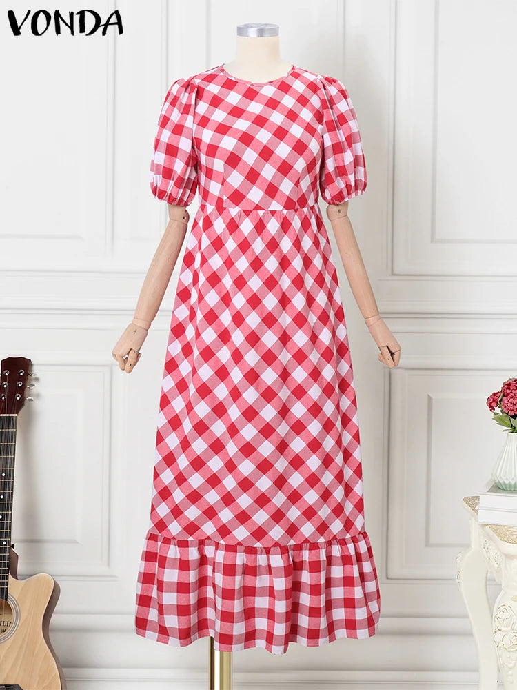 Maxy Plus Size Women Plaid Printing Dress Ruffled Summer Sundress Holiday Bohemian Puff Sleeve Vestidos Casual Party Robe