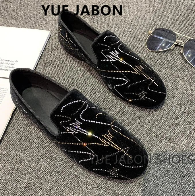 Visco New Fashion Men Rhinestone Shoes British Men's Flats Smoking Slippers Men Loafers Dress Shoes Black Casual Shoes Gladiator Mens