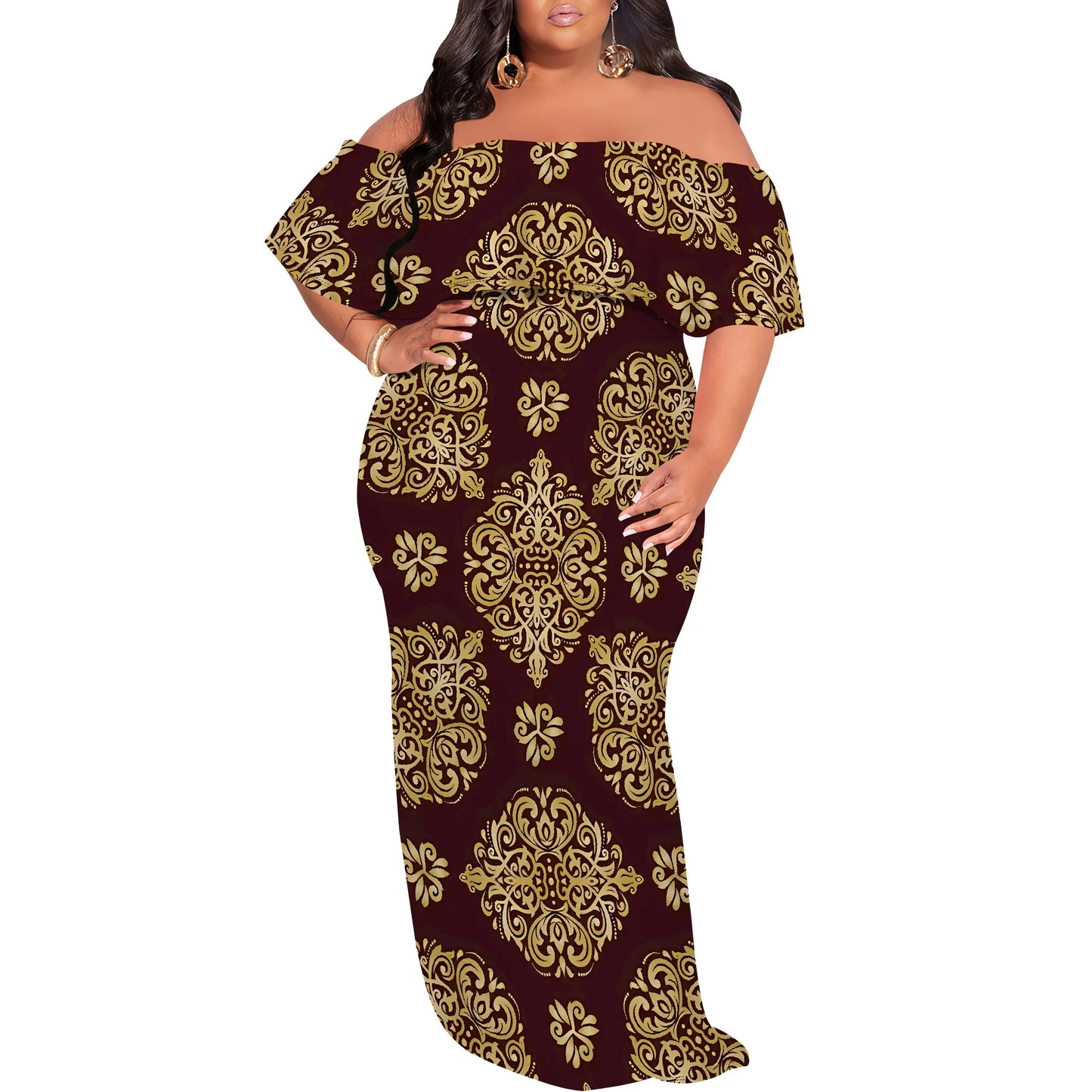 Amay Plus Size Elegant Off Shoulder Dress for Women African Inspired Pattern Long Evening Gown
