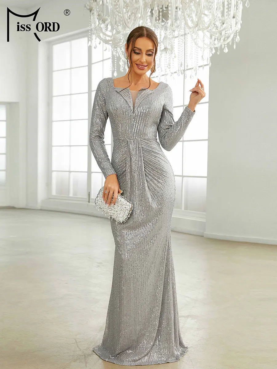 Maxy Grey Sequin Evening Dresses Women Elegant Long Sleeve Square Collar Ruched Bodycon Wedding Party Prom Dress Gown