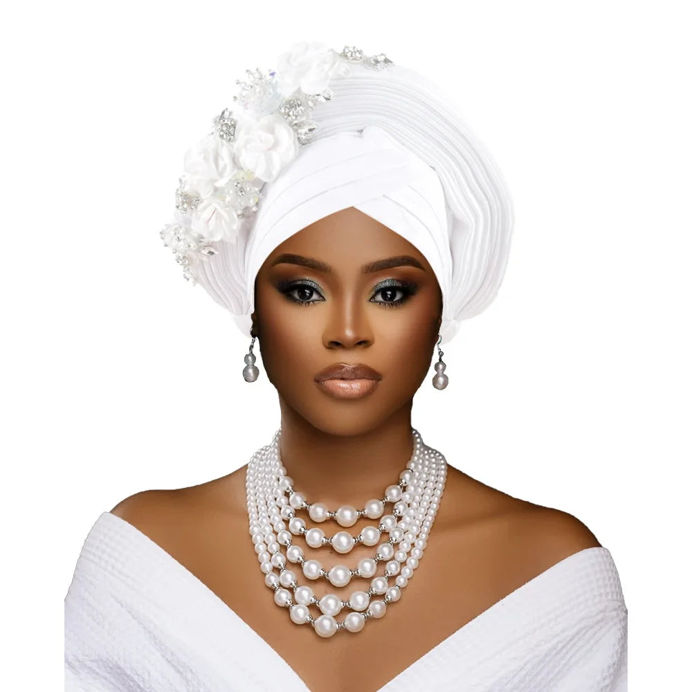 Maxy Fashion African Head tie Turban Nigeria Head Ties Flowers Already Made Auto Gele Women Head Wraps for Wedding Party Headpiece New