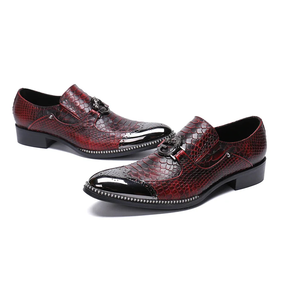 Amay Italian Pointed Toe Patchwork Dress Shoes Elegant Slip on Large Size Formal Shoes Original Genuine Leather Men Business Shoes