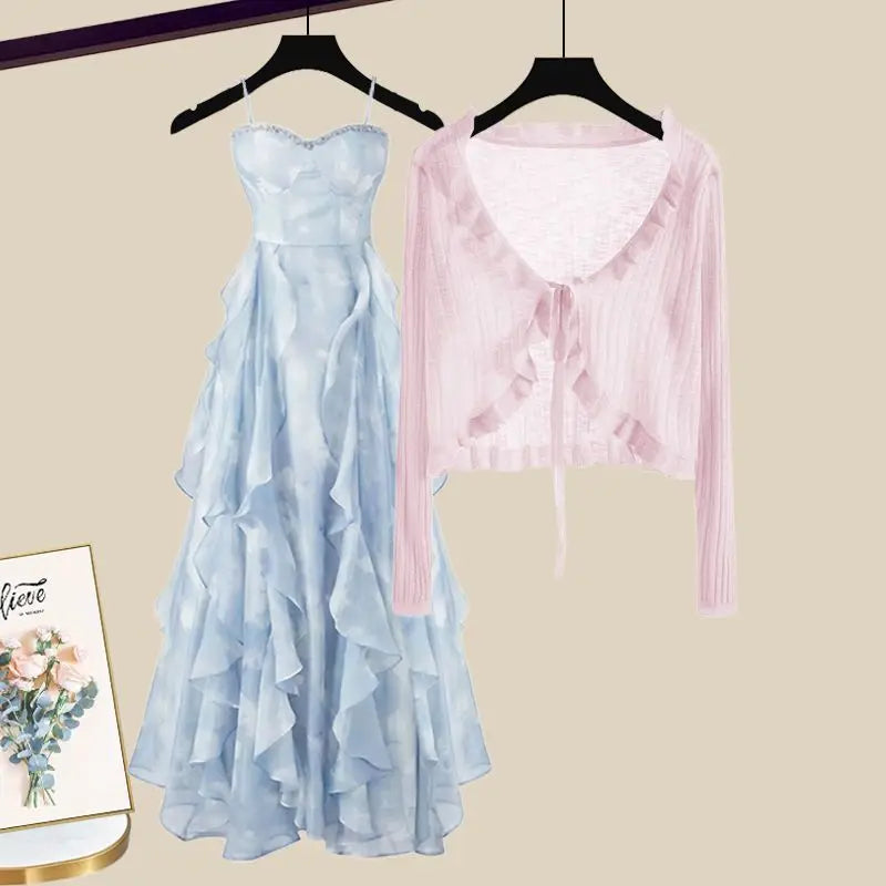 Maxy Summer Sun Protection Ice Silk Chiffon Shirt Ruffle Suspender Dress Two-piece Set Elegant Women's Dress Set Party Dress