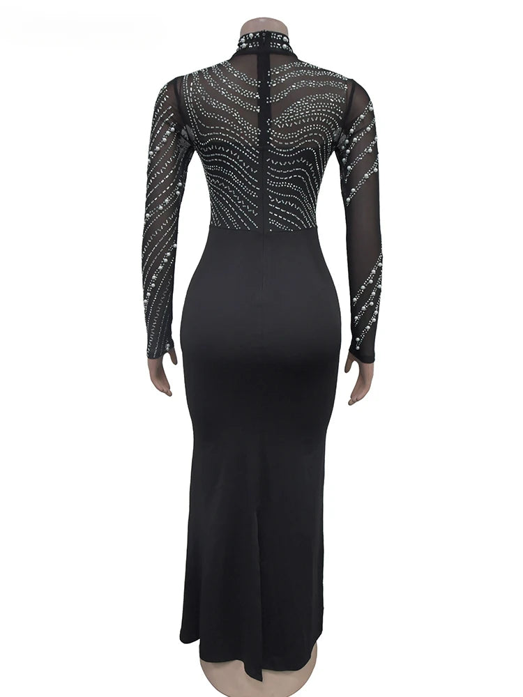 Amay Women's Crystal Embellished High Slit Long Maxy Dress Gown Glam Long Sleeve Diamonds Party Dress Celebrities Outfits