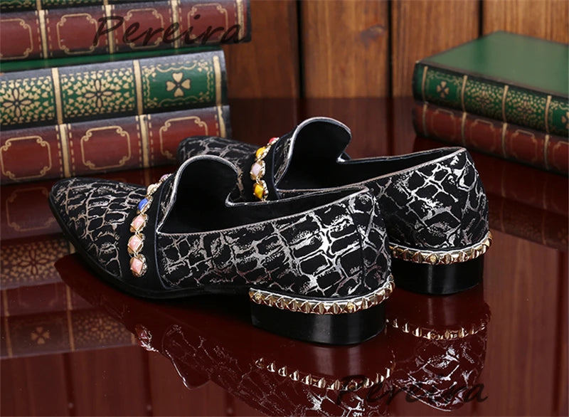 Visco Genuine Leather Snake Patterned Men Shoes Fashion Rhinestone Strap Metal Decor Loafers Pointy Toe Med Heel Casual Business Shoes