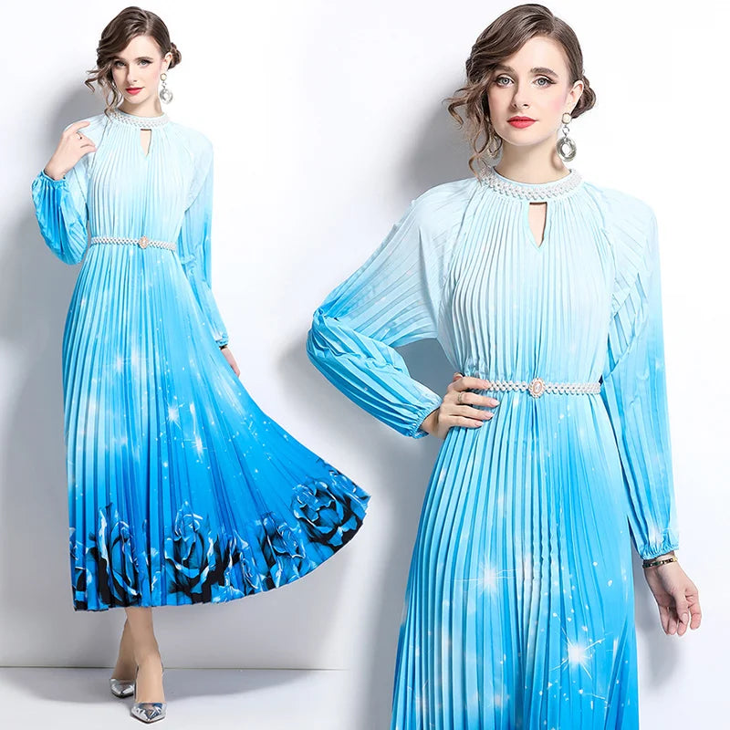 Maxy Premium Embroidered & Heat-Set Chiffon Dress for Women, Flowy Print with Pleats, Pearl-Button Accent, Elegant Maxy Skirt
