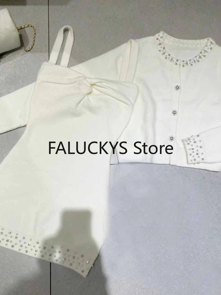 Maxy Autumn French Elegant Dress 2 Piece Set Women Party Slim Mini Dress + Office Lady Casual Outwaer Cardigan Korean Fashion