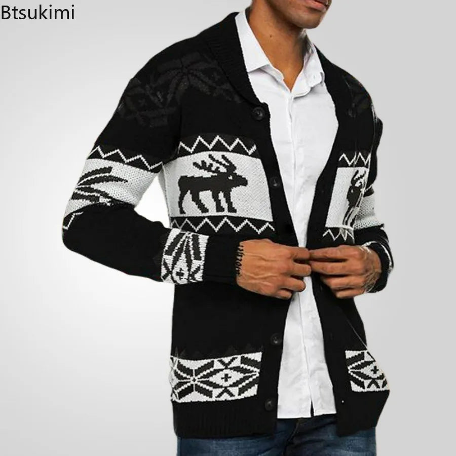 2025 Autumn Winter Men's Snowflake Christmas Sweater Knitted Sweater V-Neck Casual Knit Jumpers Pullovers Home Warm Outwear Male