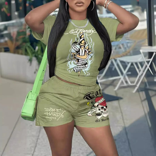 Maxy Short Sleeve Crop Tops Casual Shorts Matching Set Summer Print Fitness Workout Tracksuits 2 Piece Sets Woman Outfit