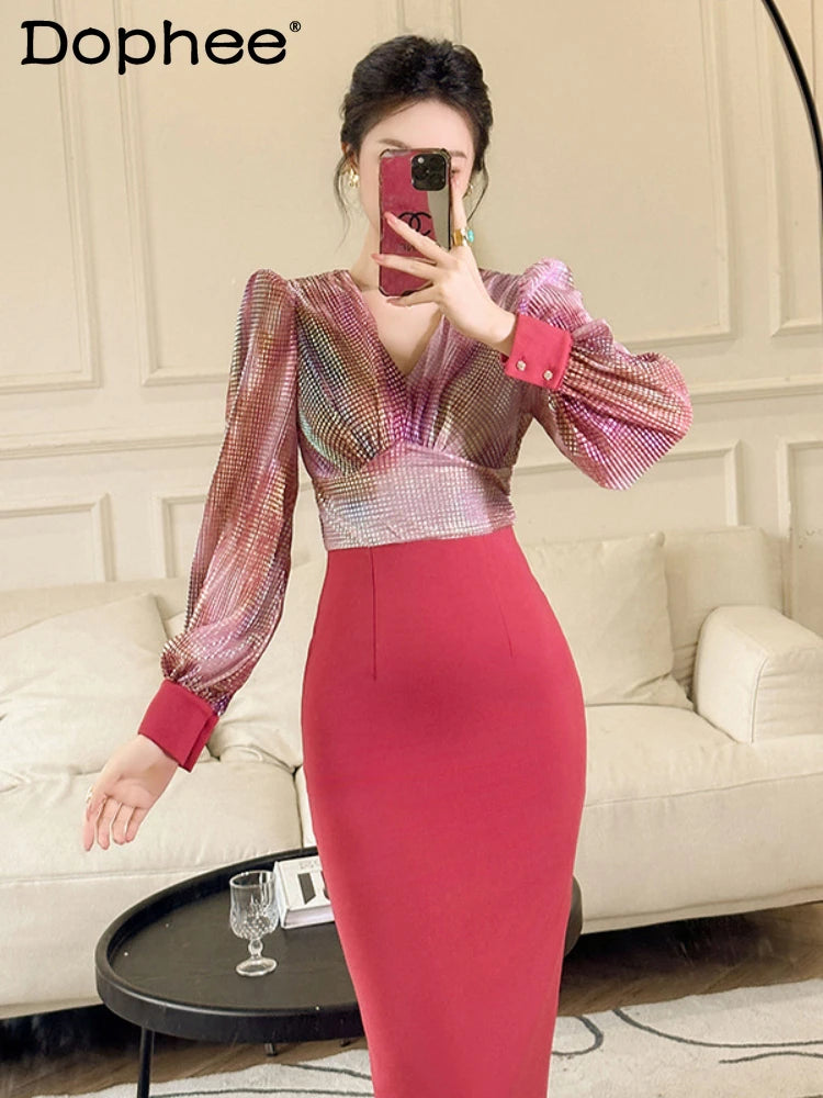 Maxy Office Women Bubble Sleeve Mid-Length Dress 2024 Spring New Temperament V-neck Stitching High Waist Sheath Fake Two Pieces Dress